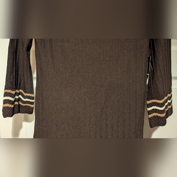 Nine West NWT $119 Women's Truffle Brown Striped Ribbed 3/4 Sleeve Dress Size M - Picture 3 of 15